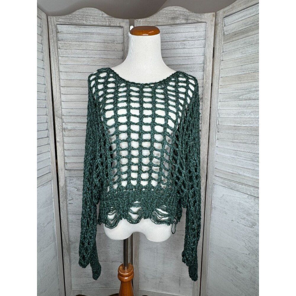 Oversized Large Knit Crochet Sweater Blue Green One Size NEW